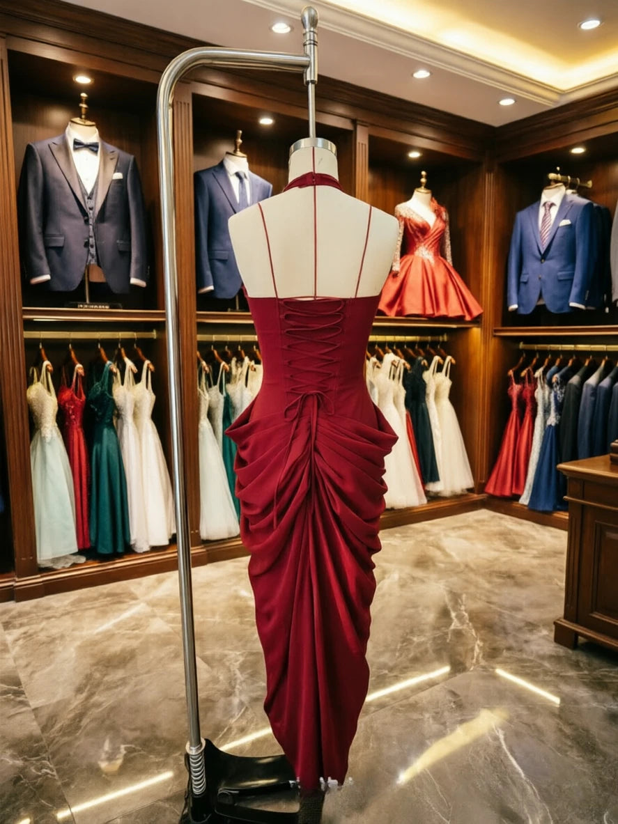 Vestido de Festa Longo Suninheart Sexy com Corset Halter, Malha Bodycon, Fenda Alta e Drapeado – Ideal para Convidadas de Casamento e Eventos