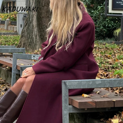 Casaco longo feminino KADUWAKI de lã, casual, elegante, com gola dobrável, mangas compridas, bolsos e abotoamento duplo, ideal para outono e inverno.
