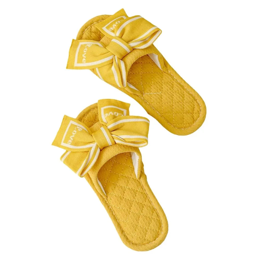 Chinelo de chão com laço Love Bow, plataforma plana e silenciosa, em tecido macio, para uso interno, ideal para mulheres.