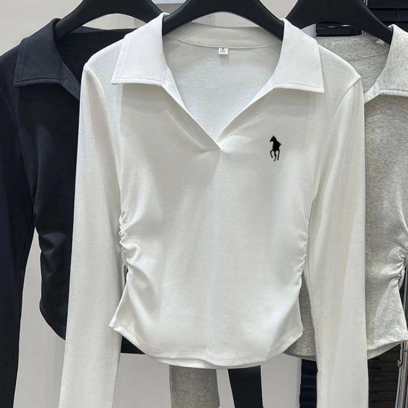 Polo pescoço bordado plissado curto topos primavera outono manga longa magro all-match casual t camisas moda vintage roupas femininas