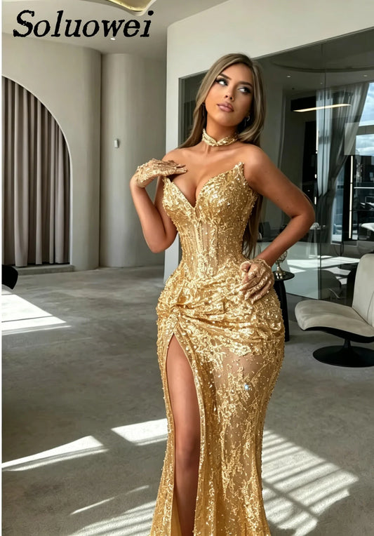 Vestidos de Noite Personalizados Elegantes Sem Alças com Decote Coração, Corpete Bordado com Fenda, Luxuosos Vestidos Formais de Baile Sereia