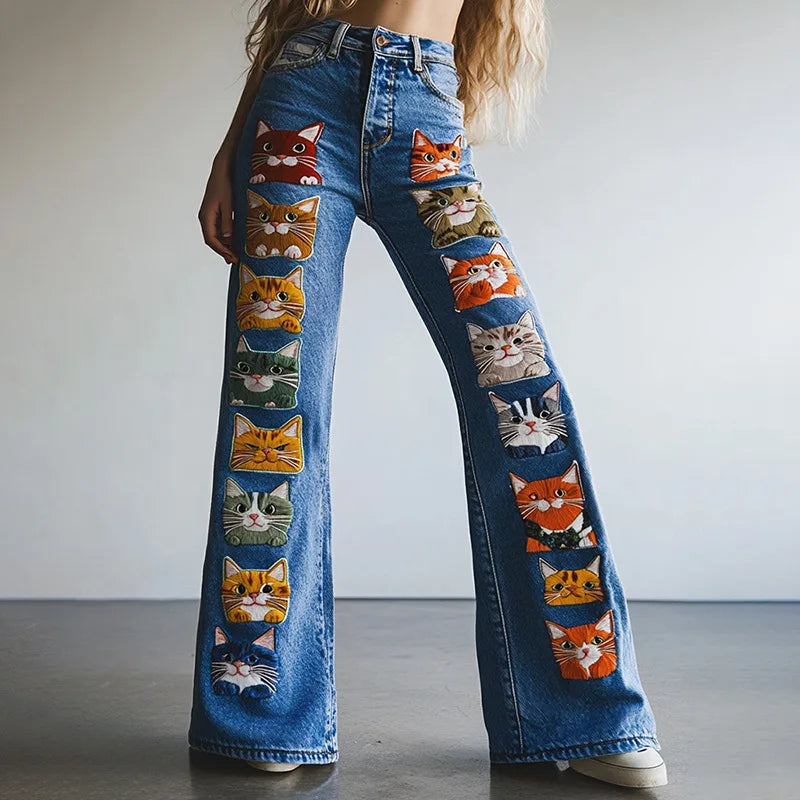 Novas Calças Jeans Flare Femininas com Estampa Digital 3D, Cintura Alta, Ajuste Slim, Denim Elástico, Estilo Casual e Moderno para Uso Diário