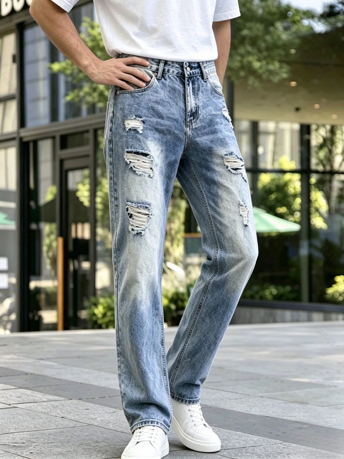 Calças Jeans Masculinas em Denim, Calças de Lavagem Clara com Rasgos, Jeans de Perna Reta