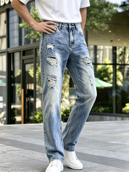 Calças Jeans Masculinas em Denim, Calças de Lavagem Clara com Rasgos, Jeans de Perna Reta