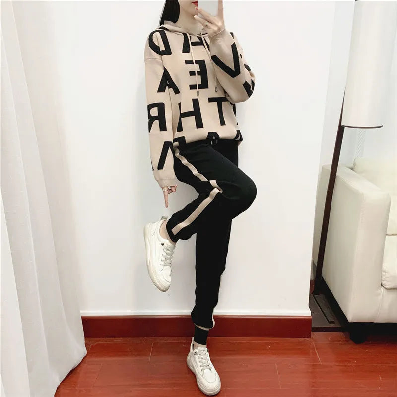 Feminino casual impresso terno de manga comprida gola alta cintura cinched moletom elástico calças senhoras conjunto de duas peças lx1228
