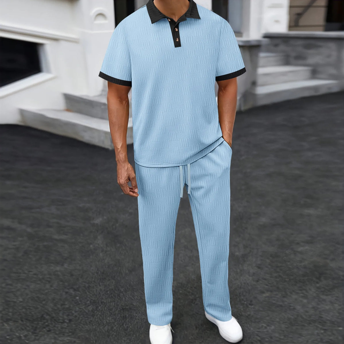 Conjunto Masculino de 2 Peças: Camisa Polo e Calça com Gola Texturizada em Contraste – Agasalho Casual para o Dia a Dia e Streetwear