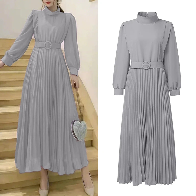 Women's Elegant Chic Maxi Dresses Turtleneck Lantern Sleeves Belted High Waist Pleated Long Dress ZANZEA Korean Style Robe Femme
