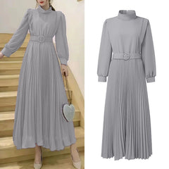 Women's Elegant Chic Maxi Dresses Turtleneck Lantern Sleeves Belted High Waist Pleated Long Dress ZANZEA Korean Style Robe Femme