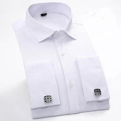 Qualidade frança abotoaduras homens vestido camisas botão turndown colarinho respirável fino ajuste festa de casamento smoking camisas hombre