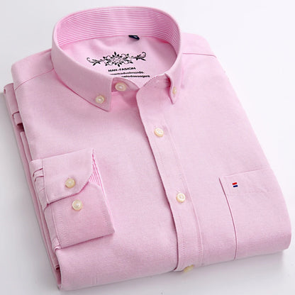 Camisa masculina de manga comprida oxford com botão no peito esquerdo confortável outono inverno ajuste regular casual versátil moda