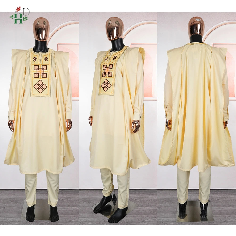 Conjunto H&D Africano de 3 Peças (Top e Calça) para Homens, Bordado Amarelo, Roupa Tradicional Africana para Uso Diário, Casamento, Festa, Tamanhos Grandes, 2026