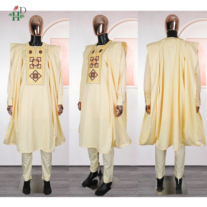 Conjunto H&D Africano de 3 Peças (Top e Calça) para Homens, Bordado Amarelo, Roupa Tradicional Africana para Uso Diário, Casamento, Festa, Tamanhos Grandes, 2026