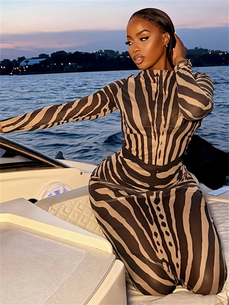 Vestido Maxi Sem Costas com Faixa Estampada Zebra e Manga Comprida, Ajuste Justo e Elástico, Moda Outono, Estilo Clássico Chique Noturno