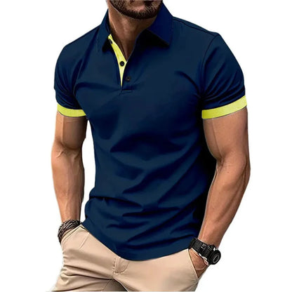 Camisa polo masculina de manga curta, corte slim casual, com blocos de cores, estilo inglês streetwear. Moda masculina.