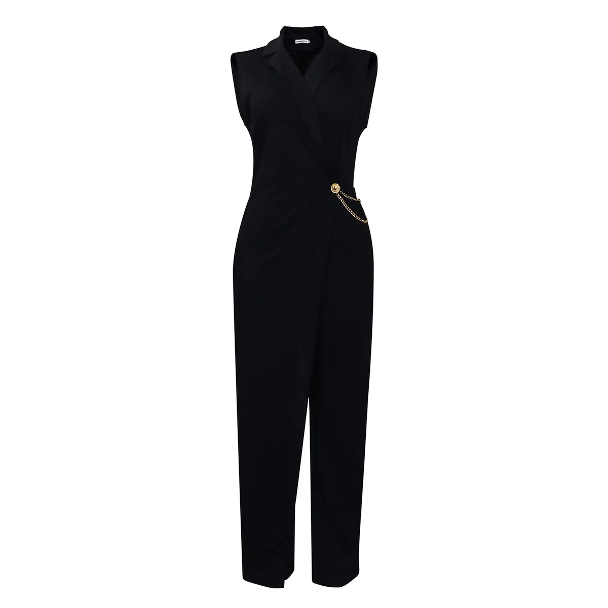 Moda feminina sem mangas terno gola cintura corrente macacão primavera verão sólido sem mangas de perna larga & playsuits macacão