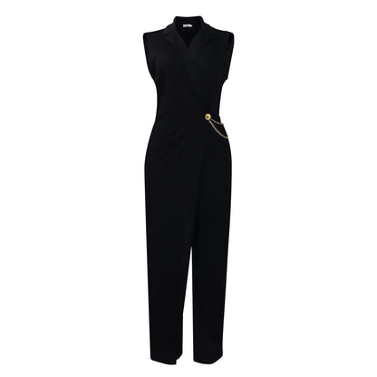 Moda feminina sem mangas terno gola cintura corrente macacão primavera verão sólido sem mangas de perna larga & playsuits macacão