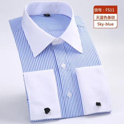 Qualidade e suave formal masculino francês manguito vestido camisa masculina manga longa sólido listrado estilo camisas masculinas abotoaduras incluem plus size