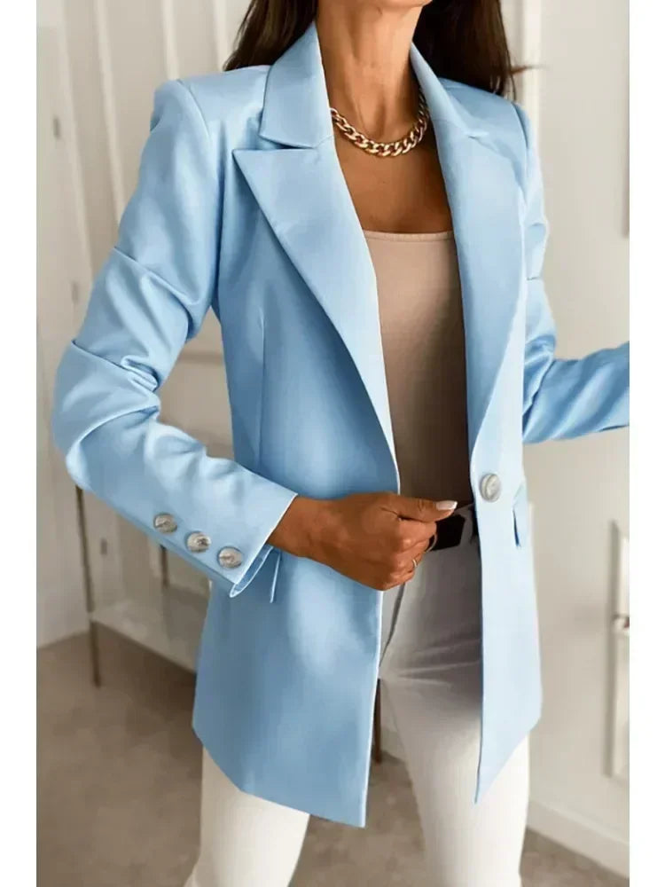 S-2XL feminino plus size novo estilo temperamento manga longa fino ajuste único botão sólido casaco pequeno terno