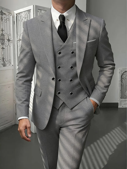 Men's Classic 3-Piece Suit Set - Slim Fit Notched Lapel Blazer with Vest & Pants, Versatile Formal Outfit for Business & Events