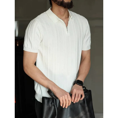 Camisa de Manga Curta Estilo Tricotado Fino de Alta Qualidade com Zíper Masculina Fashion Confortável Casual Solta Coreana que Combina com Tudo