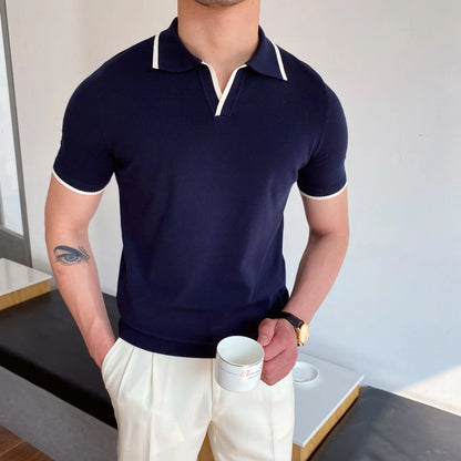 Camisa polo de manga curta de malha masculina, blusa casual de negócios, polo Slim Fit, primavera verão, camiseta listrada moda, camiseta com gola polo, malhas