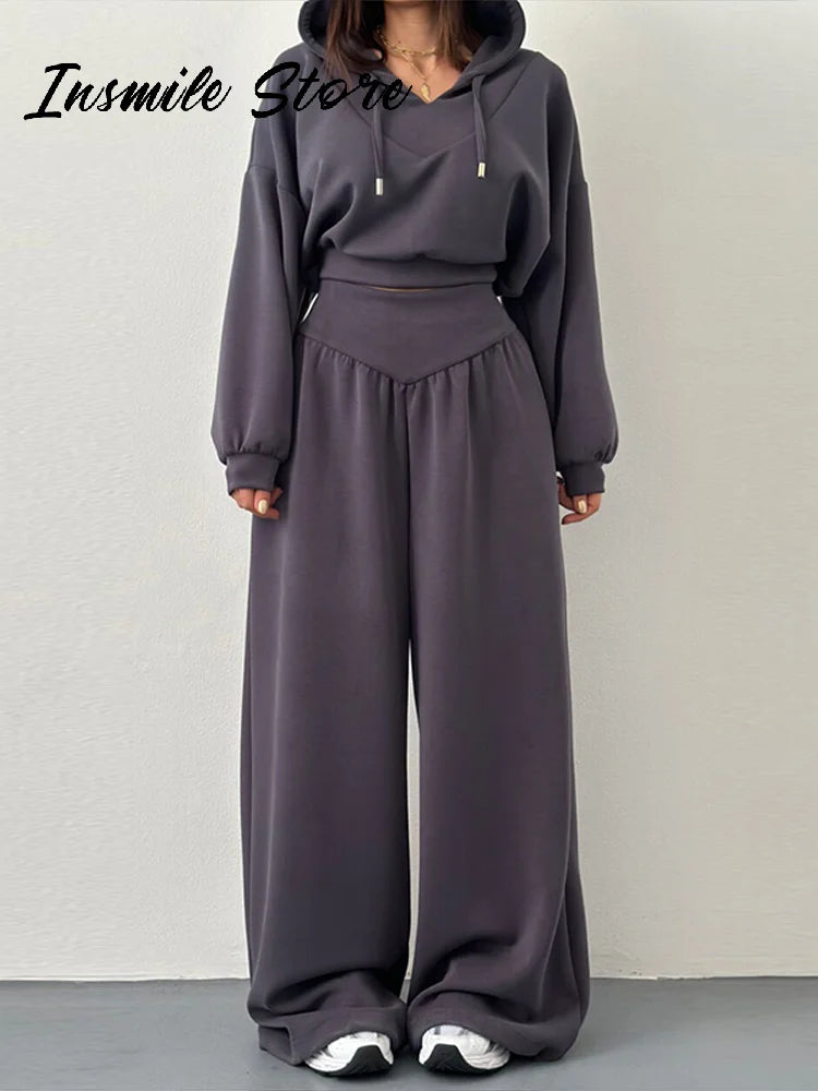 Casual sólido com capuz recortado moletom calça conjunto feminino solto com capuz cintura alta calças de perna larga 2026 primavera senhora chique outfit novo