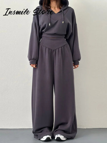 Casual sólido com capuz recortado moletom calça conjunto feminino solto com capuz cintura alta calças de perna larga 2026 primavera senhora chique outfit novo
