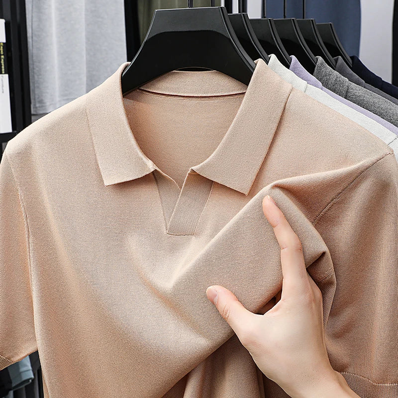 100% Lyocell malhas 2025 homens primavera verão na moda turn down collar malha camisetas manga curta respirável malha topos
