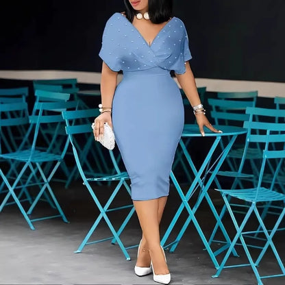 Vestido Elegante de Primavera e Outono com Estilo Hot Diamond, Sem Alças, Decote em V e Manga Curta para Mulheres, Vestidos de Mulheres, Robes Longues