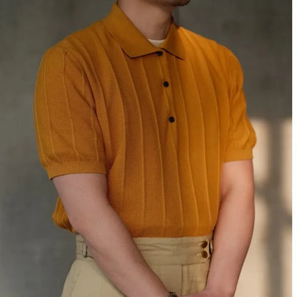Camisa Polo Masculina de Verão 2026 em Seda Gelada, Manga Curta, Listrada, Lisa, de Malha, com Gola e Botões, Estilo Casual de Negócios