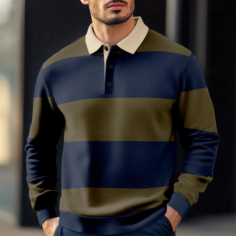 Casual Striped Graphic Polo Shirts For Men Simple Autumn Business 3D Printed Long Sleeve Golf Polo Loose Breathable Lapel Tees