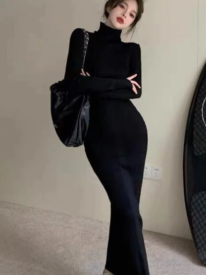Gola alta vestidos pretos femininos sólidos magros roupas femininas outono tornozelo comprimento bodycon manga longa sexy quente moda trompete