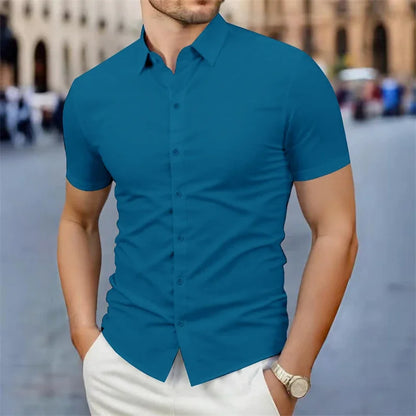 New Men's Business Casual Solid Color Short Sleeved Shirt for Summer Fashion No Ironing Comfortable and Versatile Top