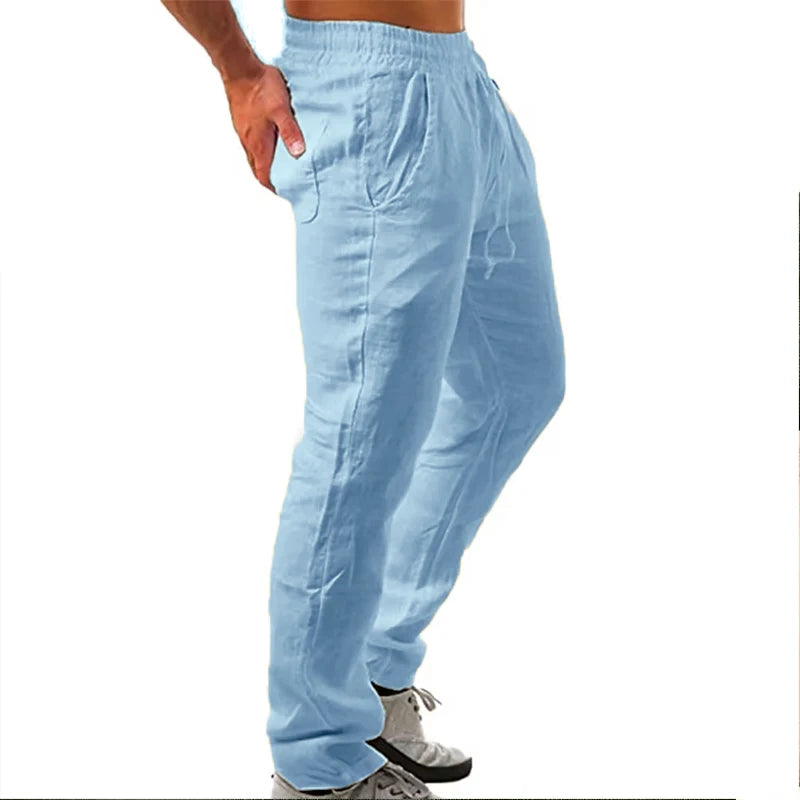 Calças masculinas coreanas de algodão para o verão, novas, respiráveis, de cor sólida, confortáveis, para fitness, ioga, corrida e estilo streetwear.