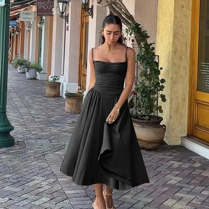 Elegante vestido plissado sem encosto sem mangas feminino, vestido Midi monocromático, vestido feminino de festa à noite, sexy, verão, 2024