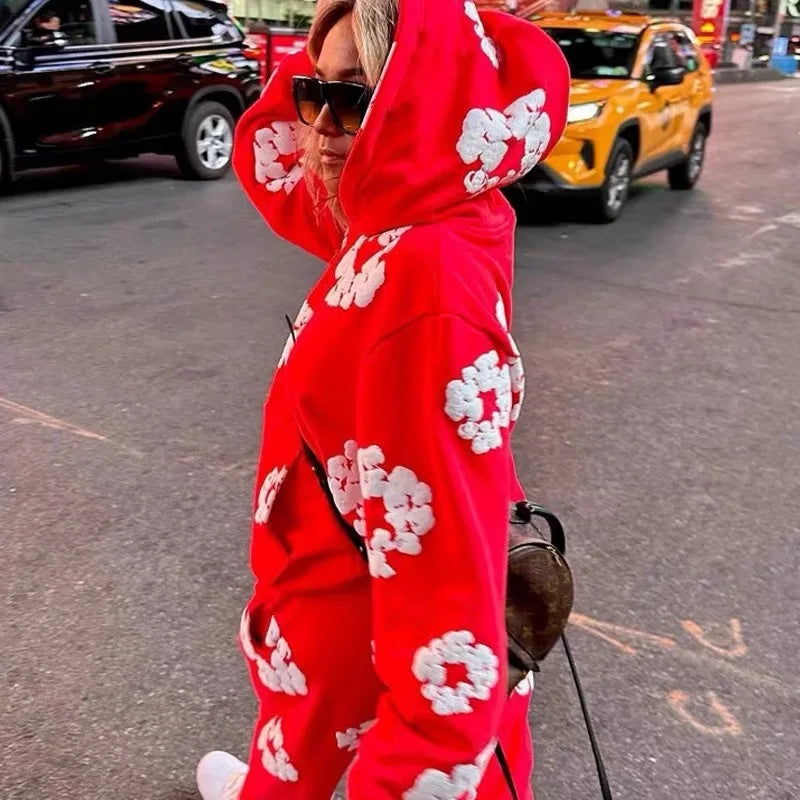 Conjunto Feminino de 2 Peças 2026: Moletom Casual Estampado de Espuma Solto + Calça - Roupa Feminina de Outono Inverno