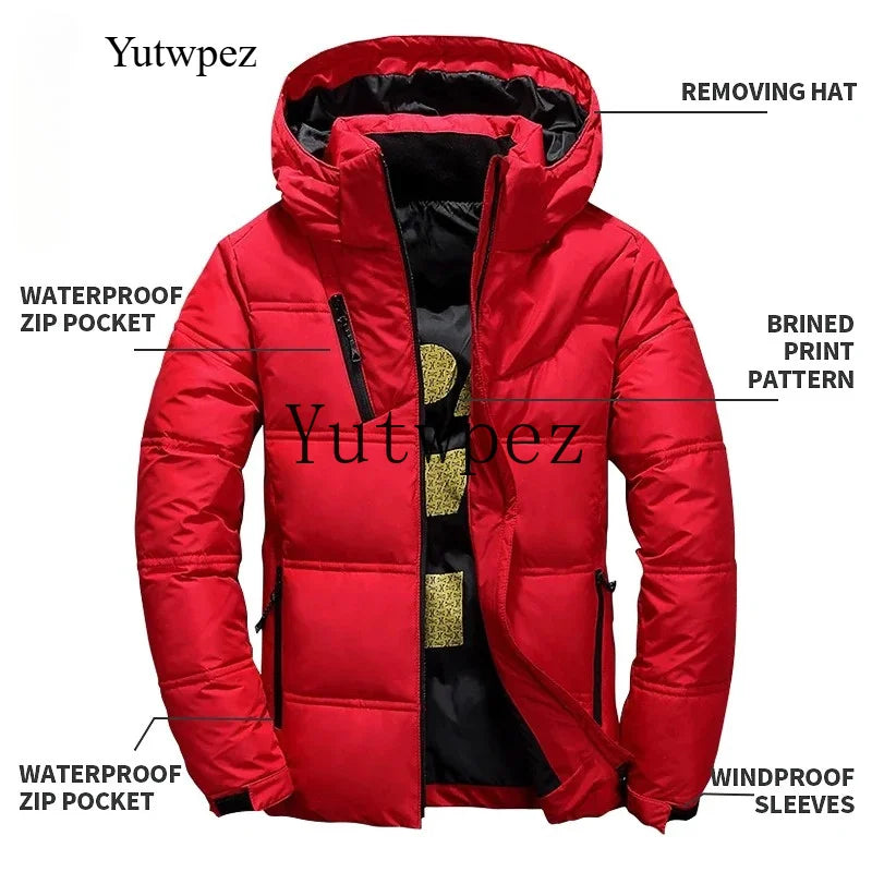Jaqueta Masculina de Inverno 2026 Corta-Vento para Escalada com Capuz Removível, Parka Esportiva Casual para Caminhada ao Ar Livre, Casaco de Pluma de Pato Branco