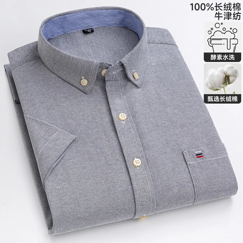 100% algodão puro oxford camisas masculinas manga curta xadrez macio regular ajuste formal vestido camisa blusa social roupas masculinas 6xl 7xl