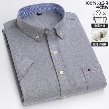 100% algodão puro oxford camisas masculinas manga curta xadrez macio regular ajuste formal vestido camisa blusa social roupas masculinas 6xl 7xl