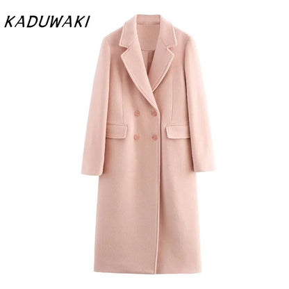 Casaco longo feminino KADUWAKI de lã, casual, elegante, com gola dobrável, mangas compridas, bolsos e abotoamento duplo, ideal para outono e inverno.