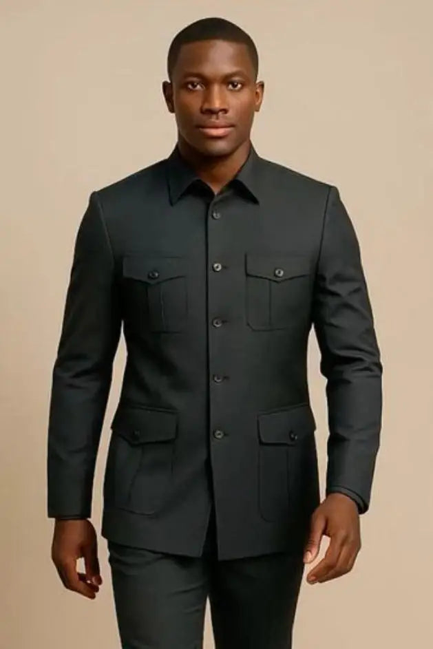 Ternos Casuais Masculinos Safari com Bolsos, Estilo de Moda Chinesa, Ajuste Slim, Terno de Casamento Sob Medida, 2 Peças, Jaqueta e Calças