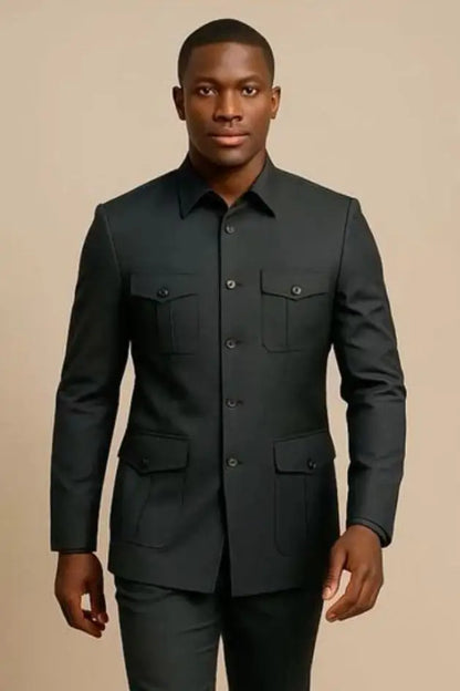 Ternos Casuais Masculinos Safari com Bolsos, Estilo de Moda Chinesa, Ajuste Slim, Terno de Casamento Sob Medida, 2 Peças, Jaqueta e Calças