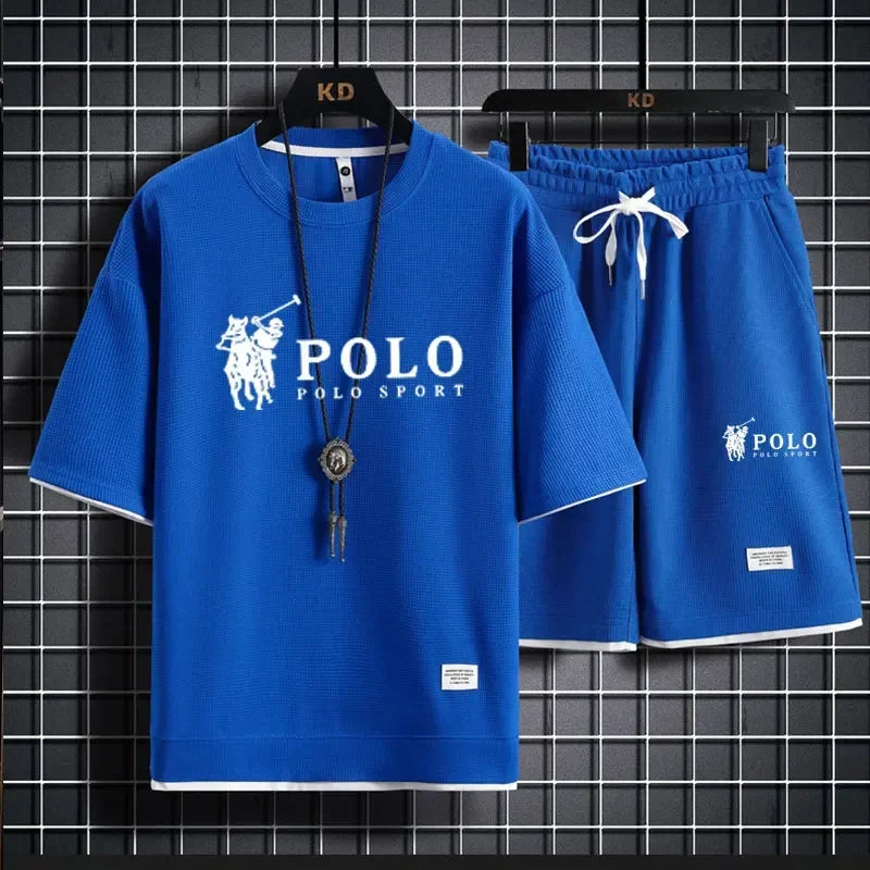2025 camiseta masculina de manga curta + shorts esportivos de duas peças verão moda respirável fitness casual jogging conjunto.