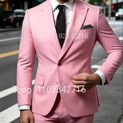 Terno Masculino Rosa de 2 Peças para Casamento, Abotoamento Simples, Comprimento Regular, Lapela Pontiaguda, Feito Sob Medida, Conjunto Completo de Blazer e Calça