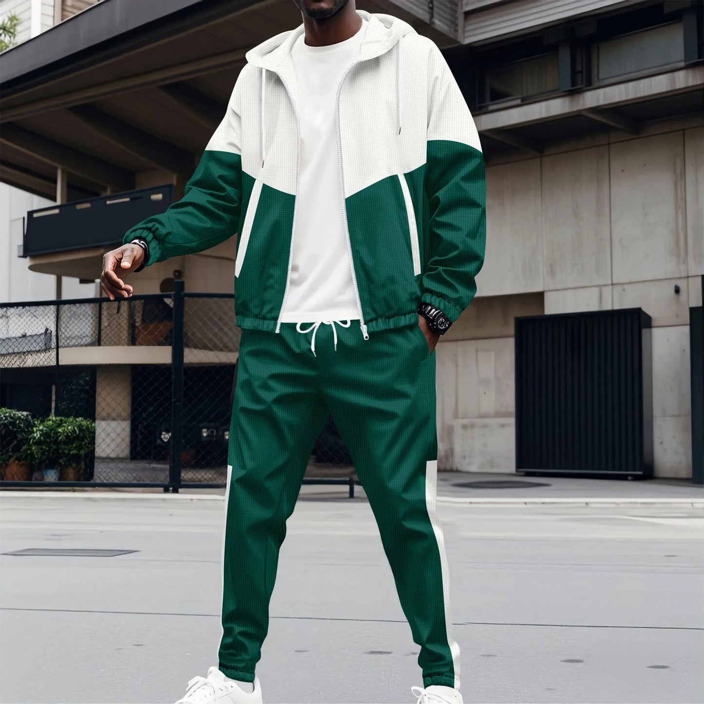 2025 new spring and fall men's hooded Waffle color matching jacket double pocket long sleeve jacket casual sports two pants suit