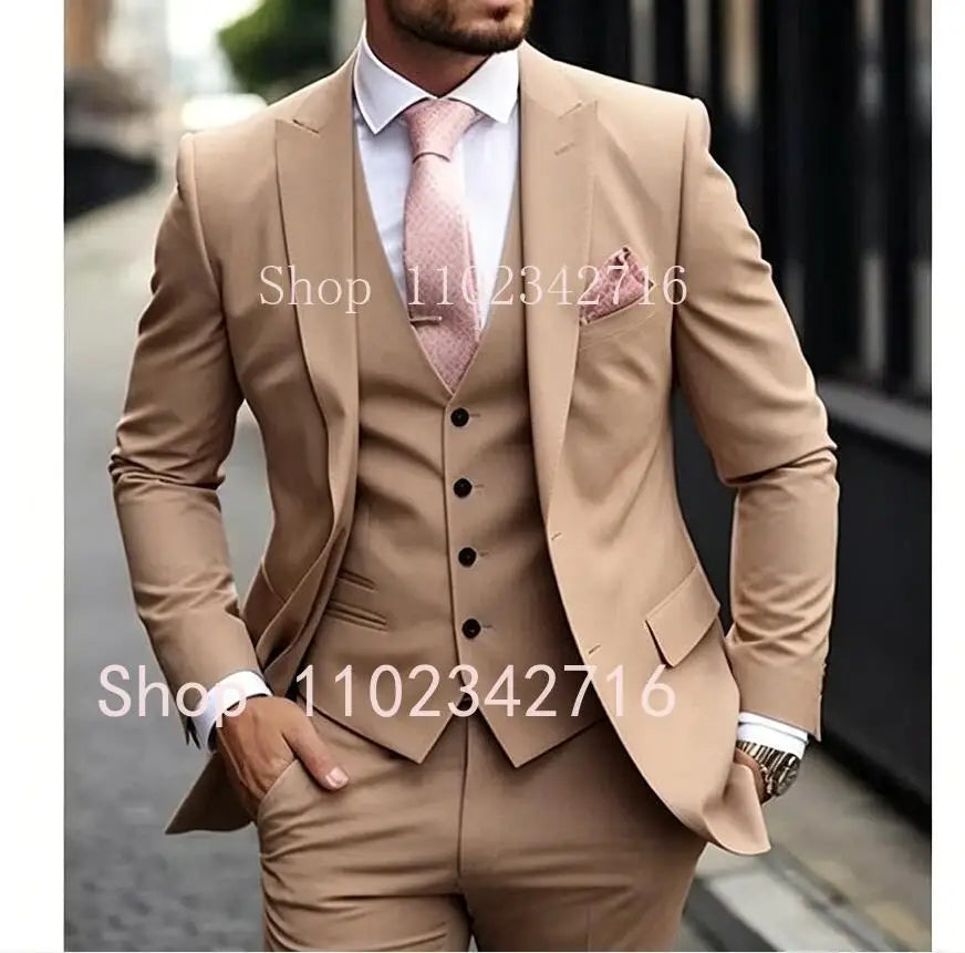 Pink Luxury Men Suits 2024 Terno Slim fit 3 Piece Jacket Pant With Vest Groom Wedding Tuxedo Costume Homme Formal Occasion Terno