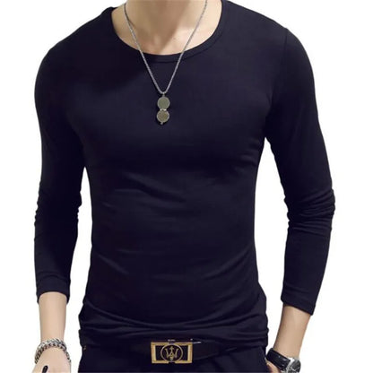 Camiseta masculina de manga comprida com estampa "Cultive a Moralidade" para a Primavera e o Outono, gola redonda, em poliéster liso, nas cores vermelho, azul e preto.