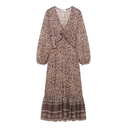novo produto feminino empilhado decorativo impresso com decote em v midi vestido moda retro padrão impresso saia