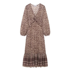 novo produto feminino empilhado decorativo impresso com decote em v midi vestido moda retro padrão impresso saia