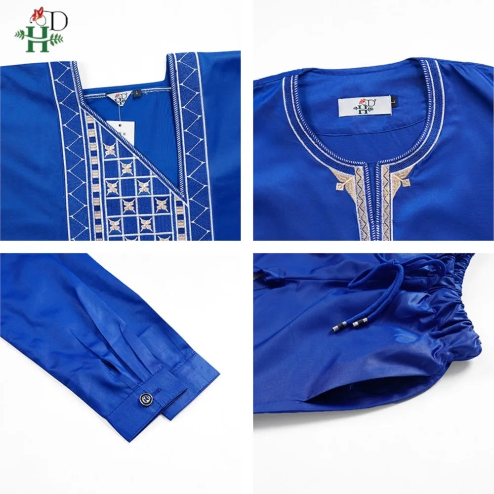 H & d africano crianças roupas tradicionais ancara dashiki para 2-10 anos meninos 3 pçs bordado thobe moda bazin azul kaftan 2025